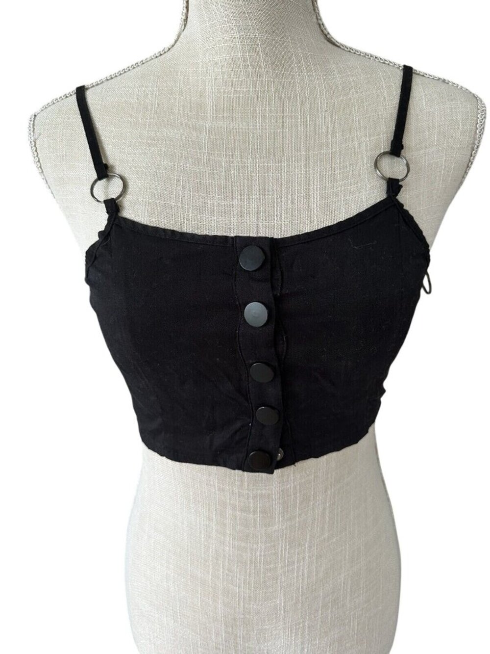 Mags & Pye Black Smocked Crop Top With Button Front & Adjustable Straps Size S